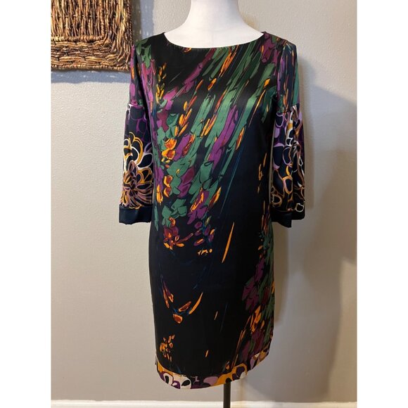 Elie Tahari Dress Black Floral XS Extra Small 0 2 4 3/4 Long Sleeve Stretch Silk - Picture 5 of 11